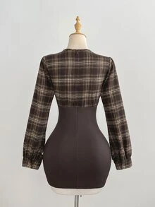 Elamini Fashionable Retro Brown Plaid Patchwork Ribbed 2 In 1 Short Bodycon Slimming Long Sleeve Dress, Simple Versatile Sexy Style For Women, Early Autumn - Multicolor - View 2