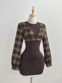 Elamini Fashionable Retro Brown Plaid Patchwork Ribbed 2 In 1 Short Bodycon Slimming Long Sleeve Dress, Simple Versatile Sexy Style For Women, Early Autumn - Multicolor - View 4