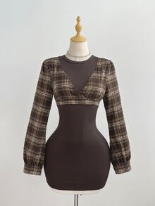 Elamini Fashionable Retro Brown Plaid Patchwork Ribbed 2 In 1 Short Bodycon Slimming Long Sleeve Dress, Simple Versatile Sexy Style For Women, Early Autumn - Multicolor - View 6