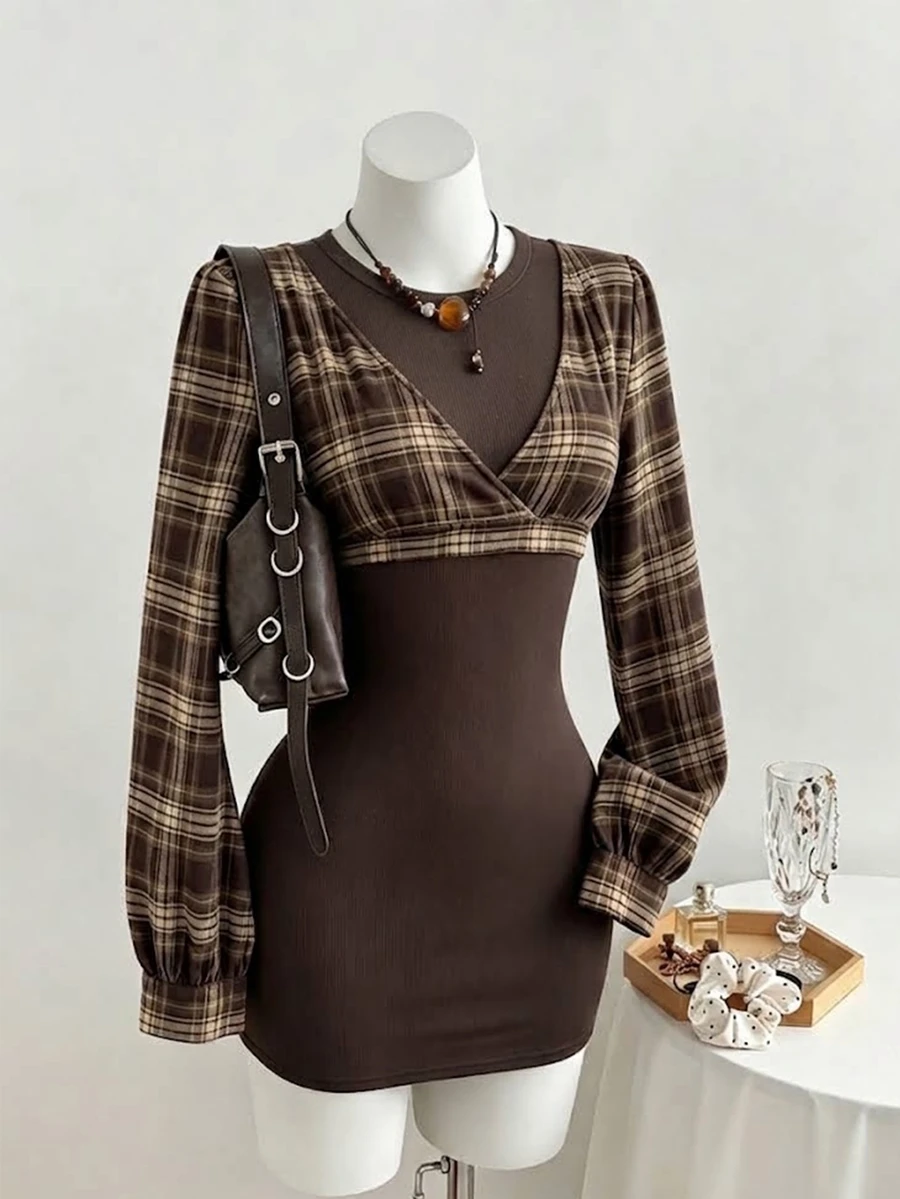 Elamini Fashionable Retro Brown Plaid Patchwork Ribbed 2 In 1 Short Bodycon Slimming Long Sleeve Dress, Simple Versatile Sexy Style For Women, Early Autumn - Multicolor - View 1