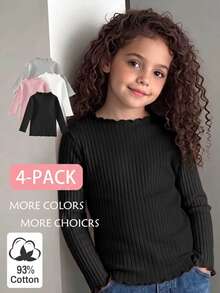 Elladie kids Young Girls Ruffle T-Shirts 4pcs Autumn/Winter Cotton Ribbed Solid Color Ruffle Tops, Cute Base Layer, Spring/Autumn, Versatile Fashion Tops Daily - Multicolor - View 6