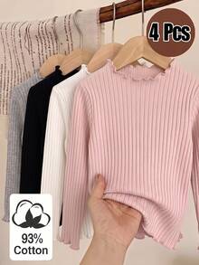 Elladie kids Young Girls Ruffle T-Shirts 4pcs Autumn/Winter Cotton Ribbed Solid Color Ruffle Tops, Cute Base Layer, Spring/Autumn, Versatile Fashion Tops Daily - Multicolor - View 7