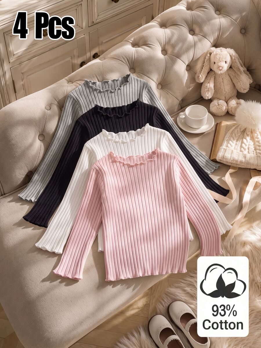 Elladie kids Young Girls Ruffle T-Shirts 4pcs Autumn/Winter Cotton Ribbed Solid Color Ruffle Tops, Cute Base Layer, Spring/Autumn, Versatile Fashion Tops Daily - Multicolor - View 1