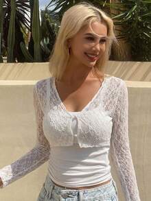 DAZY Women Casual And Versatile Long Sleeve Lace See-Through Spring/Summer Top Going Out Tops Sheer - White - View 2
