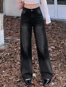 DAZY Women's Gradient Wide Leg Jeans School Cute Tops - Black - View 3
