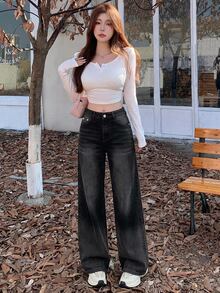 DAZY Women's Gradient Wide Leg Jeans School Cute Tops - Black - View 2