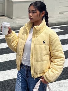 SHEIN 青少年女孩長袖抓絨淺黃色麻花編織加厚短款冬裝立領外套，秋季校園社團學院風酷感外套 - 黃色 - 查看 5