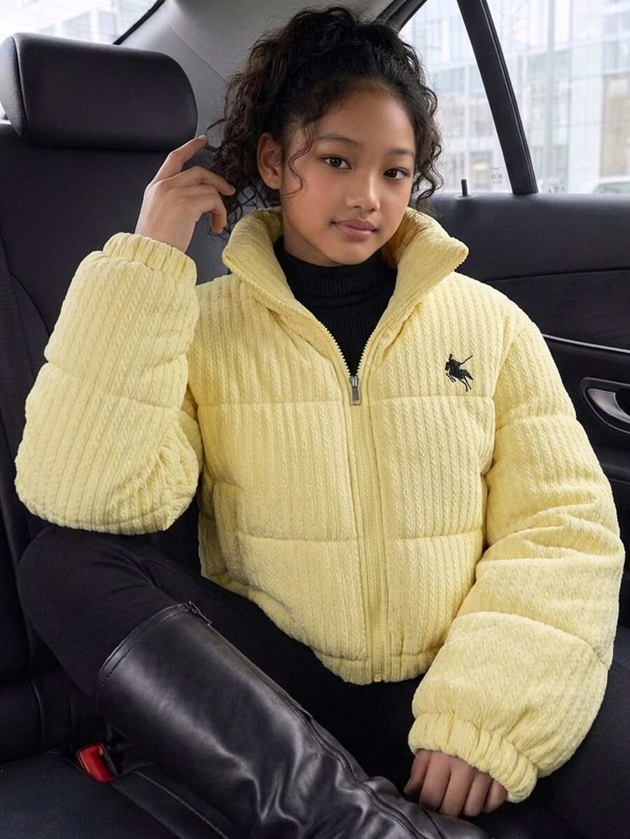 SHEIN 青少年女孩長袖抓絨淺黃色麻花編織加厚短款冬裝立領外套,秋季校園社團學院風酷感外套 - 黃色 - 查看 1