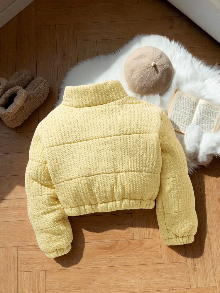 SHEIN Tween Girl Long Sleeve Fleece Light Yellow Cable Knit Padded Coat, Short Winter Stand Collar Thickened Fall Clothes School Club Preppy Cool - Yellow - View 4