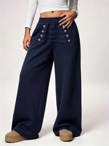 SHEIN American Vintage High-Waist Multi-Button Design Loose Straight Leg Wide Leg Casual Sweatpants - Navy Blue - View 7
