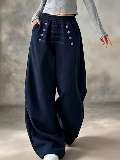 SHEIN American Vintage High-Waist Multi-Button Design Loose Straight Leg Wide Leg Casual Sweatpants