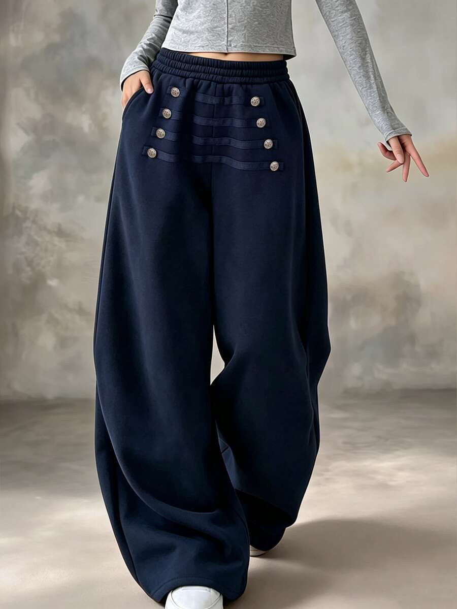 SHEIN American Vintage High-Waist Multi-Button Design Loose Straight Leg Wide Leg Casual Sweatpants - Navy Blue - View 1
