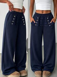SHEIN American Vintage High-Waist Multi-Button Design Loose Straight Leg Wide Leg Casual Sweatpants - Navy Blue - View 5