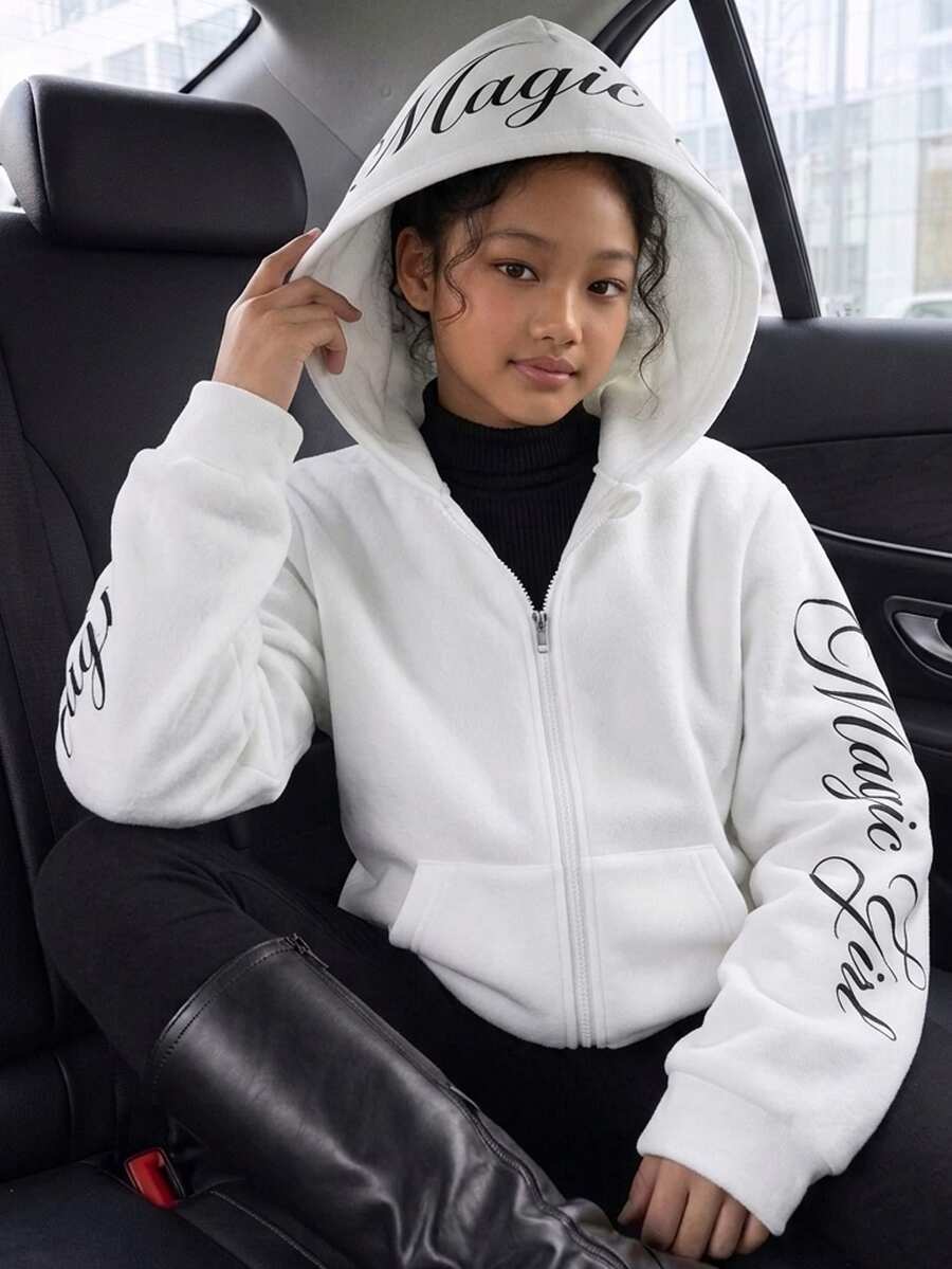 Tween女孩可愛圖案花卉蝴蝶結印花雙層連帽拉鍊口袋寬鬆夾克,秋冬款校園黑白服飾 - 白色 - 查看 1