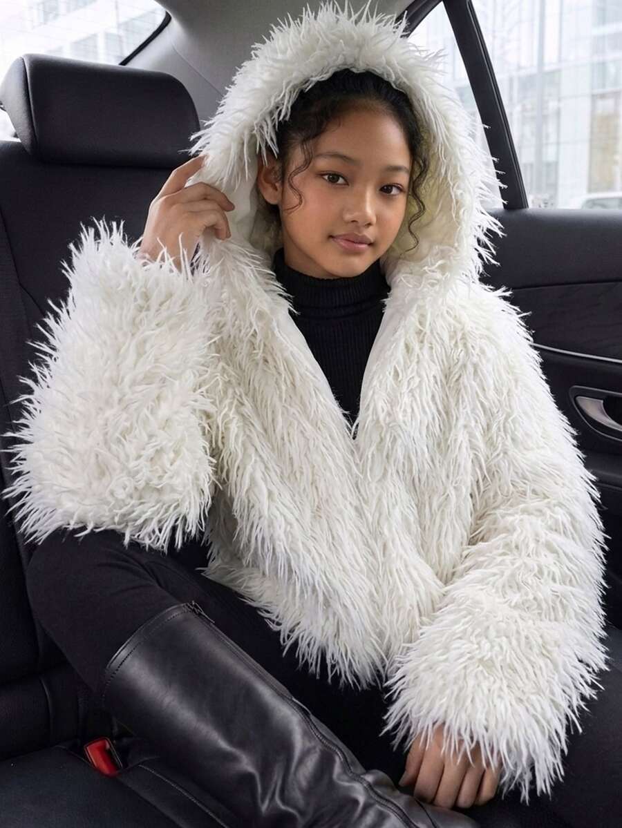 SHEIN 青少年女孩長袖短款連帽抓絨外套,秋冬甜美可愛牛仔風寬鬆短版上衣,柔軟人造毛毛開襟衫,Club White - 白色 - 查看 1