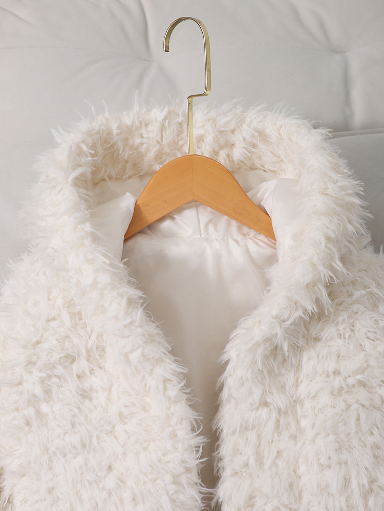 SHEIN Tween Girl Coat Long Sleeve Short Hooded Fleece Jacket, New Autumn/Winter Sweet Loose Crop Top, Soft Long Fur Faux Fur Cardigan Jacket, Fall Clothes - White - View 6