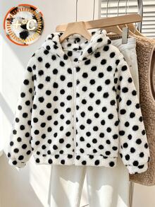 Jaket Longgar Berkerudung Resleting Motif Polkadot Putih Lucu Kawaii untuk Anak Perempuan Remaja, Cocok untuk Musim Gugur/Musim Dingin, Pakaian Kasual Liburan Musim Gugur/Musim Dingin, Pakaian Sekolah untuk Siswa - Hitam dan Putih - View 9