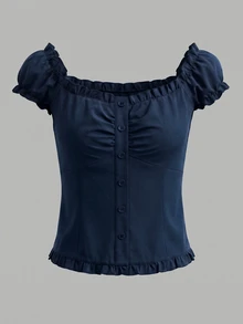 IslaSuriya Women's Solid Color Single-Breasted Raglan Short Sleeve Pleated Blouse - Navy Blue - View 3