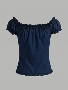 IslaSuriya Women's Solid Color Single-Breasted Raglan Short Sleeve Pleated Blouse - Navy Blue - View 2