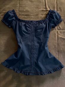 IslaSuriya Women's Solid Color Single-Breasted Raglan Short Sleeve Pleated Blouse - Navy Blue - View 4