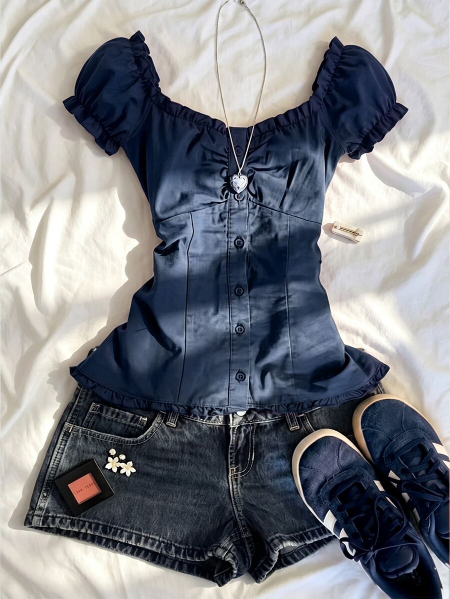 IslaSuriya Women's Solid Color Single-Breasted Raglan Short Sleeve Pleated Blouse - Navy Blue - View 1