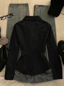 IslaSuriya Women's Slim Fit Waist-Cinching Solid Color Single-Breasted Shirt - Black - View 2