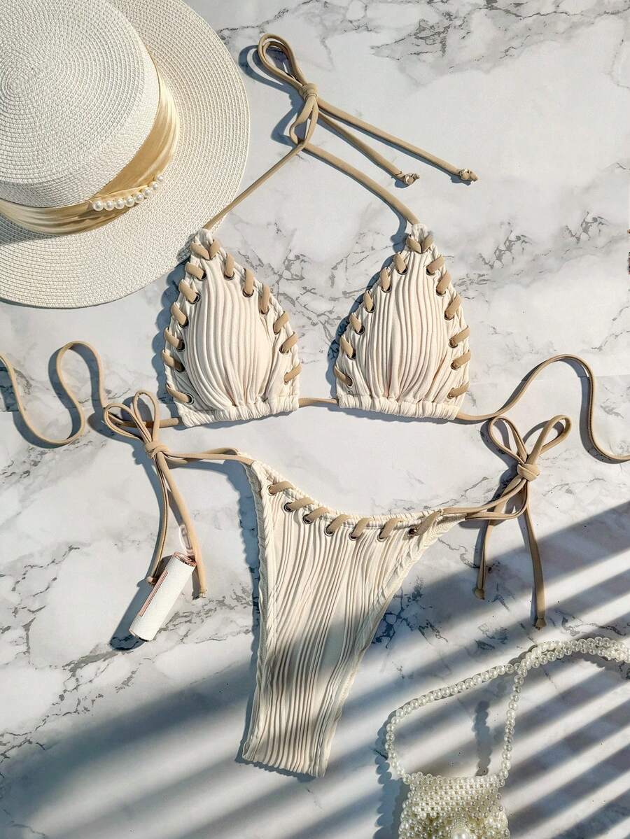 SHEIN Swim Summer Beach Ladies' Color Block Halter Neck Separate Bikini Set With Rope Detailing Music Festival