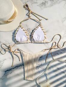 SHEIN Swim Summer Beach Ladies' Color Block Halter Neck Separate Bikini Set With Rope Detailing Music Festival - Apricot - View 3