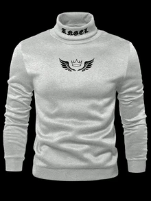 Manfinity Roughcore Men's Casual Everyday Commute Crown & Letter Print Turtleneck Sweatshirt, Autumn/Winter - Light Grey - View 2