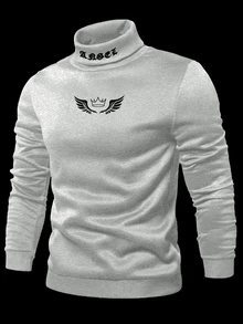Manfinity Roughcore Men's Casual Everyday Commute Crown & Letter Print Turtleneck Sweatshirt, Autumn/Winter - Light Grey - View 1