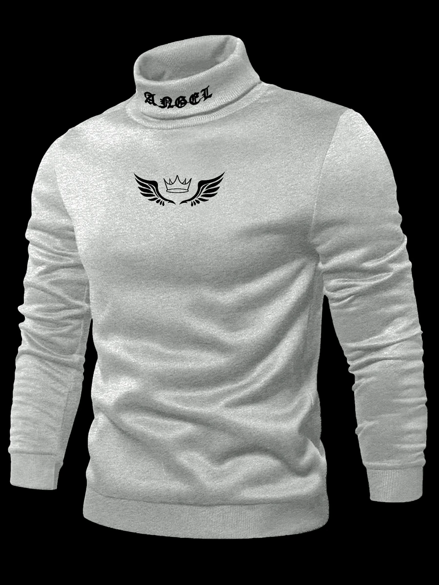 Manfinity Roughcore Men's Casual Everyday Commute Crown & Letter Print Turtleneck Sweatshirt, Autumn/Winter - Light Grey - View 1