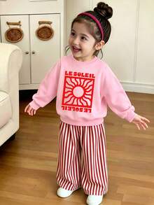 女童幼兒秋季清新復古紅綠旋渦太陽藝術海報字母印花圓領衛衣＋白色紅條紋寬腿褲 2件套 - 彩色 - 查看 3