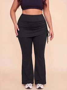 SHEIN Sovereign Charm Women's Plus Size Solid Color Side Drawstring 2 In 1 Sports Leggings - Black - View 1