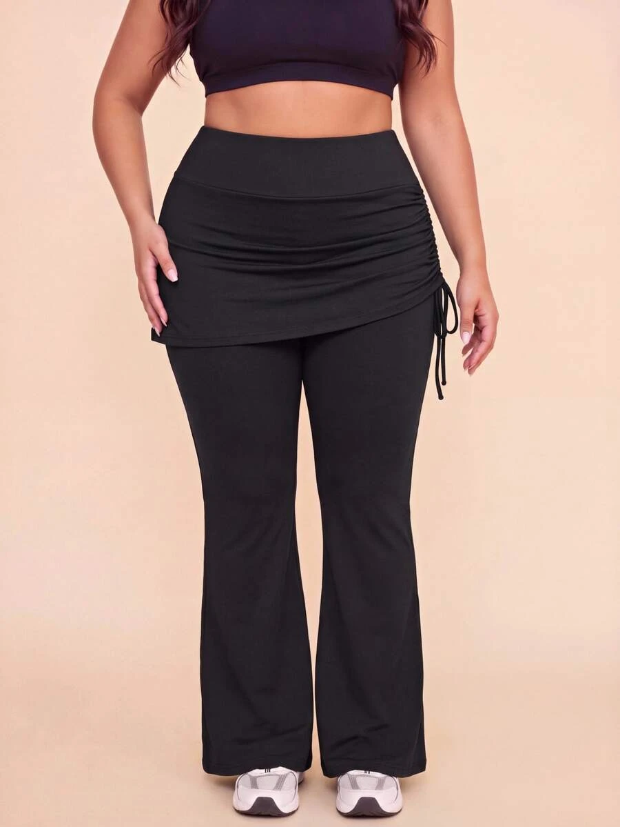 SHEIN Sovereign Charm Women's Plus Size Solid Color Side Drawstring 2 In 1 Sports Leggings - Black - View 1