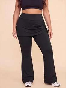 SHEIN Sovereign Charm Women's Plus Size Solid Color Side Drawstring 2 In 1 Sports Leggings - Black - View 4