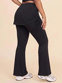 SHEIN Sovereign Charm Women's Plus Size Solid Color Side Drawstring 2 In 1 Sports Leggings - Black - View 2