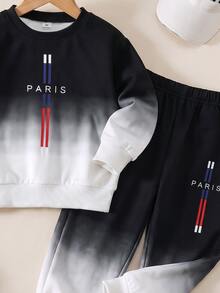 2pcs Boys Fall Style Black White Color Block Gradient PARIS Letter Print Long Sleeve Sweatshirt & Pants Set Casual Fashion Autumn Winter - Blue - View 7