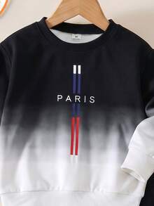 2pcs Boys Fall Style Black White Color Block Gradient PARIS Letter Print Long Sleeve Sweatshirt & Pants Set Casual Fashion Autumn Winter - Blue - View 4
