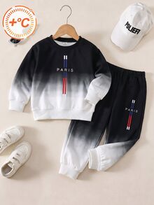 2pcs Boys Fall Style Black White Color Block Gradient PARIS Letter Print Long Sleeve Sweatshirt & Pants Set Casual Fashion Autumn Winter - Blue - View 3