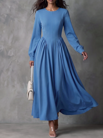 Omancia Women's Autumn/Winter Elegant Faux Denim Waist-Cinched A-Line Skirt With Gathered Split Design, Wide Hem, Regular Shoulder, Long Sleeve, Street Style, Daily Commute, Long Dress