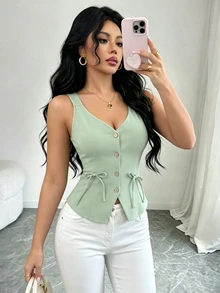 Elenzga 2025 Valentine's Day New Arrival Deep V-Neck Cinched Waist Bowknot Camisole Top For Women, Spring/Summer - Mint Green - View 1