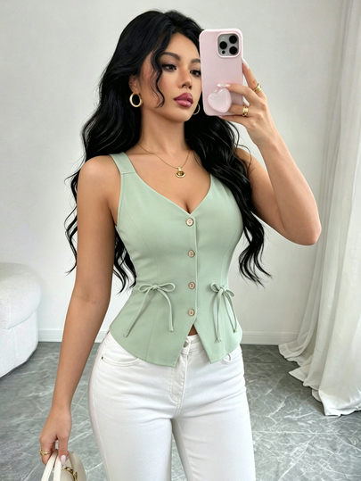 Elenzga Nuevo Llegada para el Día de San Valentín 2025 Blusa de Tirantes con Cuello en V Profundo, Cintura Ceñida y Lazo para Mujer, Primavera/Verano