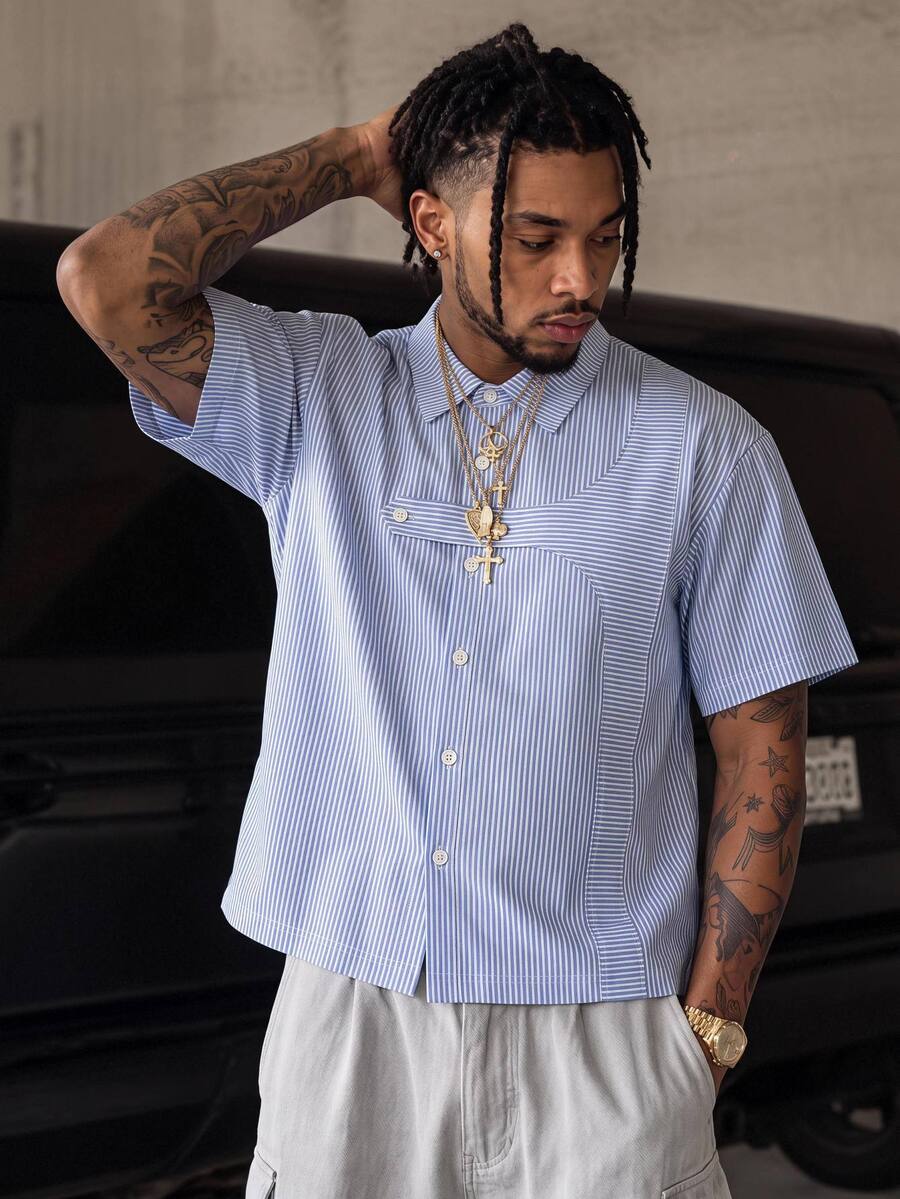 Manfinity RebelGame Men's Slate Blue Striped Short Sleeve Shirt, Boxy Fit Embroidered Detail - Blue - View 1