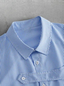 Manfinity RebelGame Men's Slate Blue Striped Short Sleeve Shirt, Boxy Fit Embroidered Detail - Blue - View 3