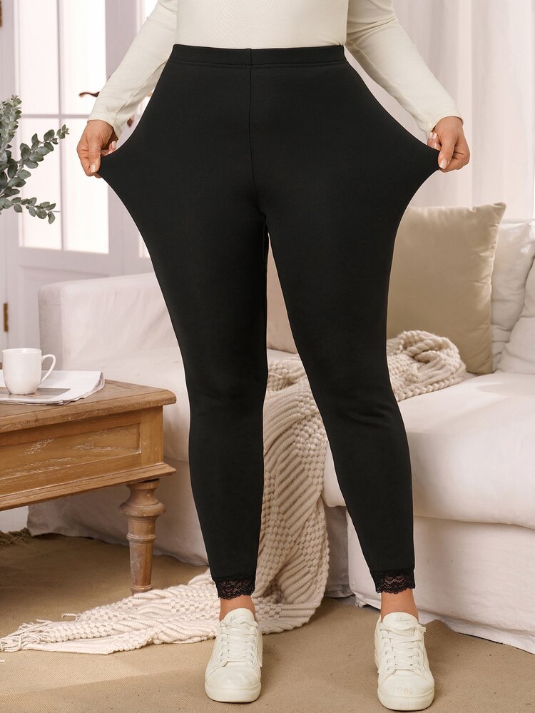 EMERY ROSE Plus Size Women's Autumn/Winter Casual Vacation Country Elegant  Thermal Lined Lace Patchwork Solid Black Leggings,Warm,Fall,Daily Wear,Gym - Black - View 9