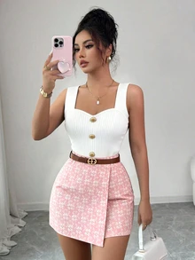 Selianne Textured Jacquard Elegant Commuter Solid Color Skort, Suitable For Valentine's Day - Pink - View 3