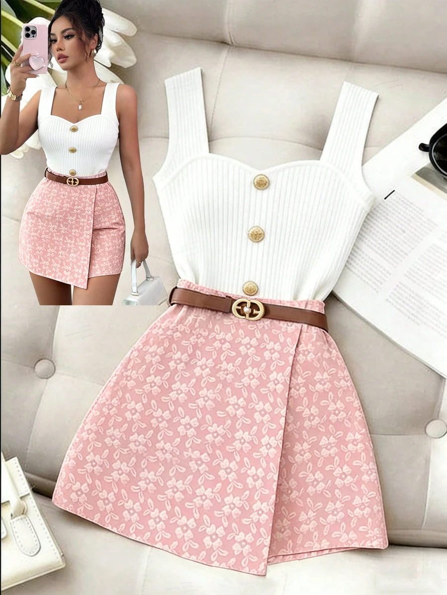 Selianne Textured Jacquard Elegant Commuter Solid Color Skort, Suitable For Valentine's Day - Pink - View 1