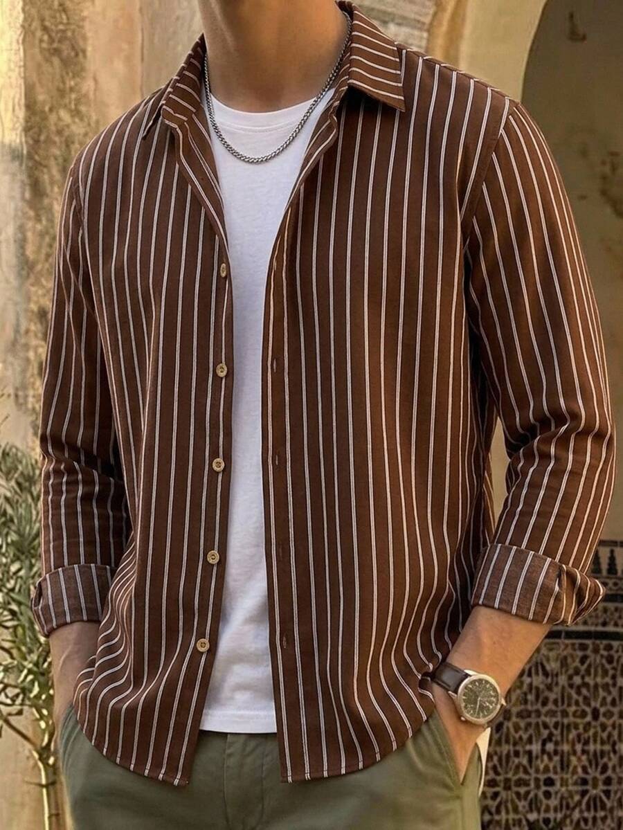 HIMLAND Men's Shirt, Long Sleeve Button Down, Slim Fit, Business Casual, Wrinkle-Resistant, Breathable Base Layer, Professional Wear, Versatile All-Season - Brown - View 1