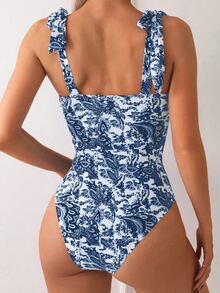 Swim Basics 1 件女式纯色花卉印花打结细肩带连体泳衣 - 藏蓝色 - 查看 2