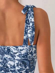 Swim Basics 1 件女式纯色花卉印花打结细肩带连体泳衣 - 藏蓝色 - 查看 5